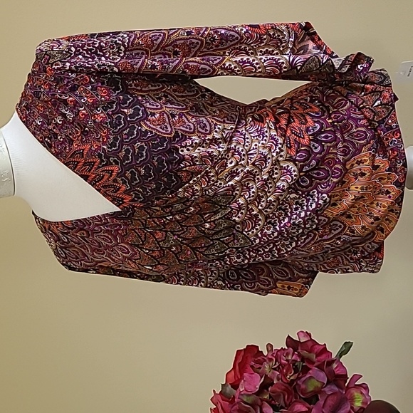 NEW Sexy Top Metalic Slinky Peacock Stretch Crisscross Angel Wing Split Sleeve L - Picture 5 of 7